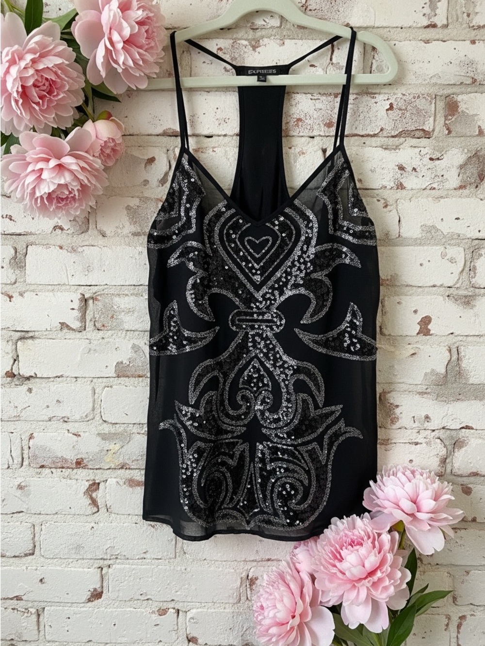 Express Black Sequin Embellished Racerback Camisole
